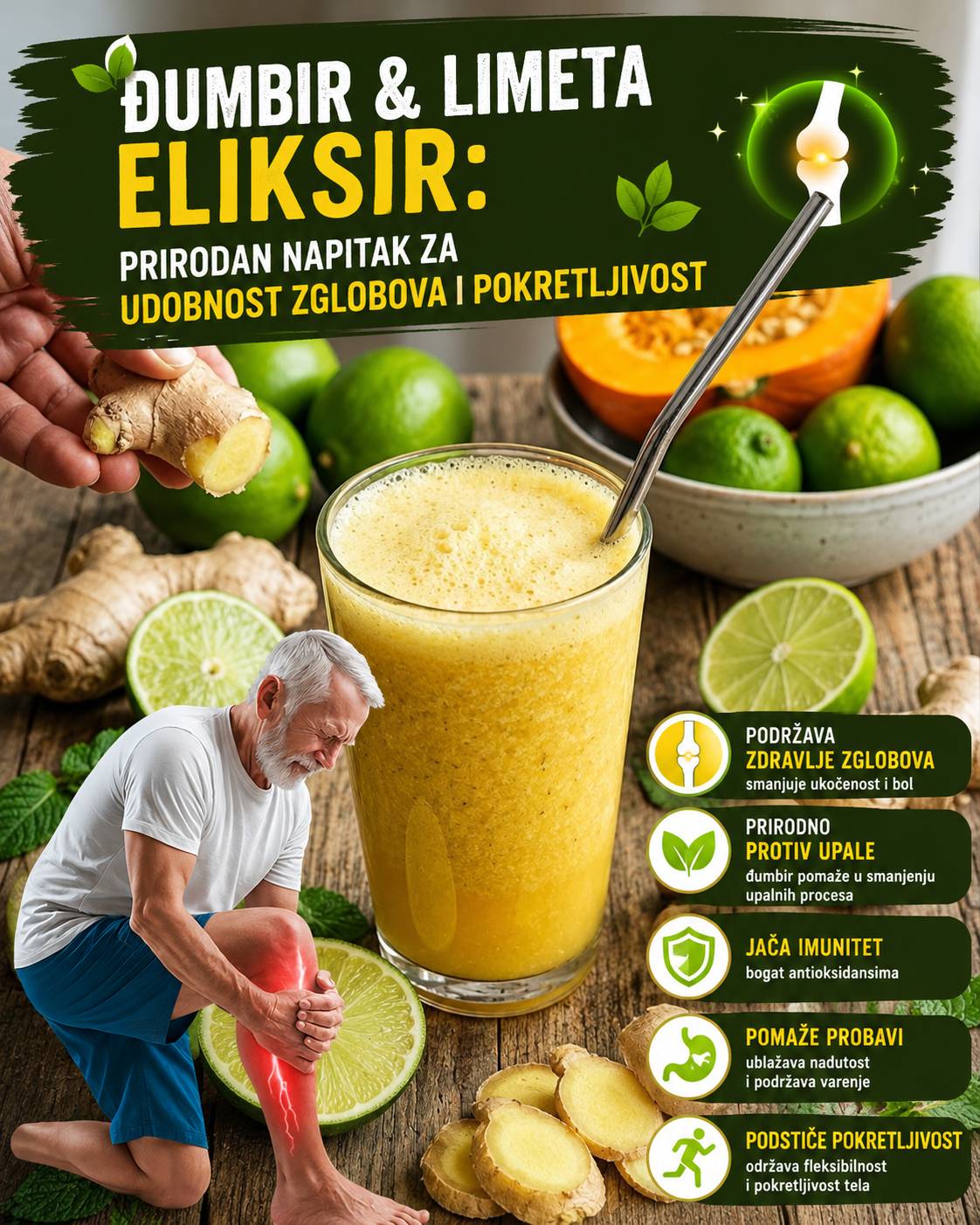 🌿 Eliksir od đumbira i limete: Prirodni napitak za udobnost i pokretljivost zglobova 🦵✨